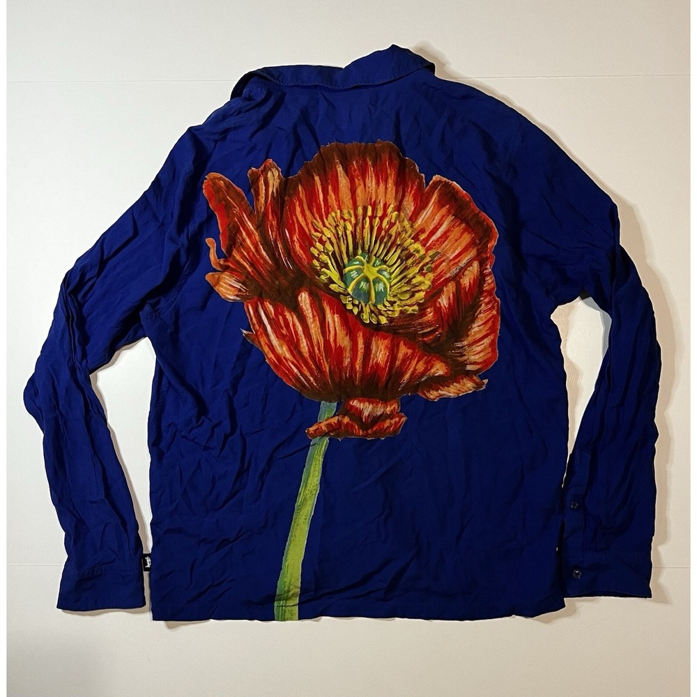 STUSSY Big Poppy Flower Shirt Size Large Rayon Blue Lightweight RARE